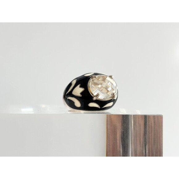 Black & White Enameled Domed Rhinestone Sterling Silver Vintage Ring - sz 5.75 - Picture 10 of 10